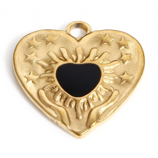 Immagine di 304 Acciaio Inossidabile San Valentino Charms Cuore Oro Placcato Nero Stella a Cinque Punte Smalto 17.5mm x 17mm, 1 Pz