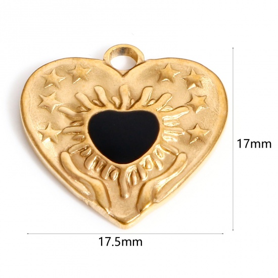 Picture of 304 Stainless Steel Valentine's Day Charms Gold Plated Black Heart Pentagram Star Enamel 17.5mm x 17mm, 1 Piece