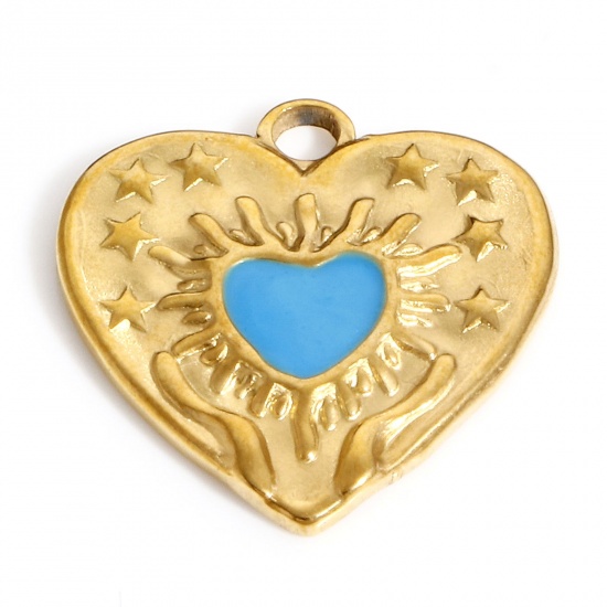 Immagine di 304 Acciaio Inossidabile San Valentino Charms Cuore Oro Placcato Blu Stella a Cinque Punte Smalto 17.5mm x 17mm, 1 Pz