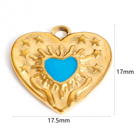 Picture of 304 Stainless Steel Valentine's Day Charms Gold Plated Blue Heart Pentagram Star Enamel 17.5mm x 17mm, 1 Piece