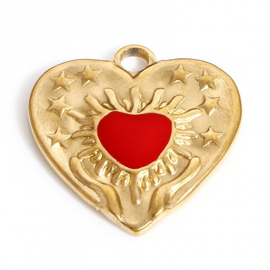 Immagine di 304 Acciaio Inossidabile San Valentino Charms Cuore Oro Placcato Rosso Stella a Cinque Punte Smalto 17.5mm x 17mm, 1 Pz