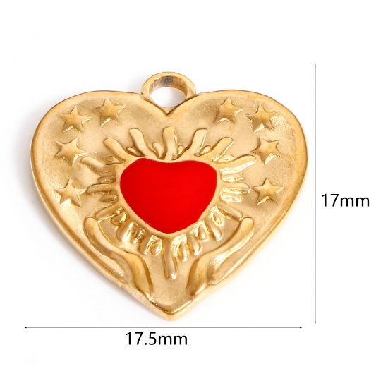 Picture of 304 Stainless Steel Valentine's Day Charms Gold Plated Red Heart Pentagram Star Enamel 17.5mm x 17mm, 1 Piece