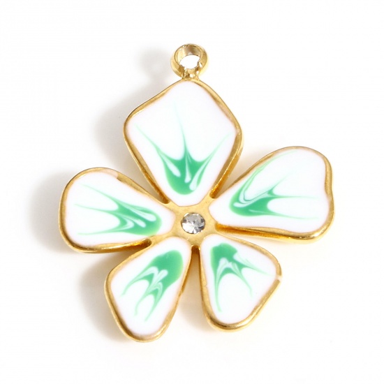 Picture of 304 Stainless Steel Pastoral Style Charms Gold Plated White Flower Enamel Clear Rhinestone 21mm x 17mm, 1 Piece