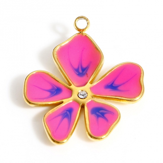 Picture of 304 Stainless Steel Pastoral Style Charms Gold Plated Fuchsia Flower Enamel Clear Rhinestone 21mm x 17mm, 1 Piece