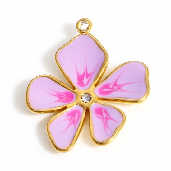 Picture of 304 Stainless Steel Pastoral Style Charms Gold Plated Purple Flower Enamel Clear Rhinestone 21mm x 17mm, 1 Piece