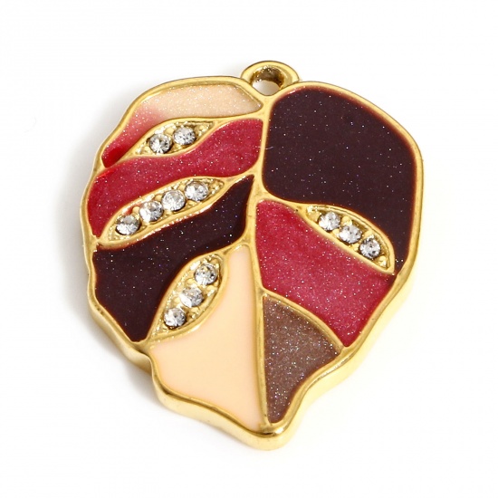 Picture of 304 Stainless Steel Pastoral Style Charms Gold Plated Brown Red Leaf Enamel Clear Rhinestone 21.5mm x 16mm, 1 Piece