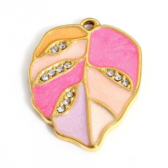 Picture of 304 Stainless Steel Pastoral Style Charms Gold Plated Fuchsia Leaf Enamel Clear Rhinestone 21.5mm x 16mm, 1 Piece