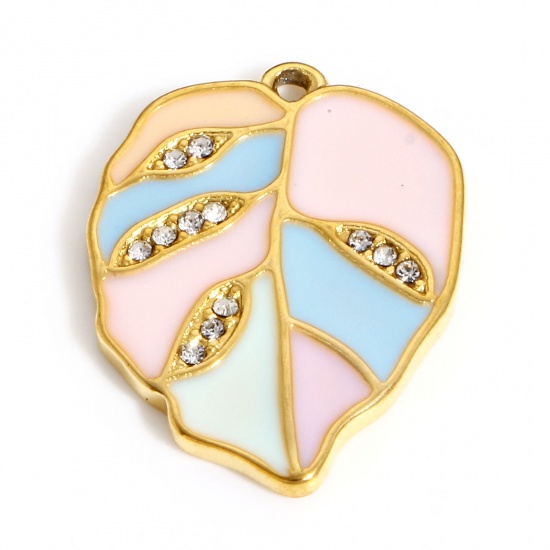 Picture of 304 Stainless Steel Pastoral Style Charms Gold Plated Pink Leaf Enamel Clear Rhinestone 21.5mm x 16mm, 1 Piece