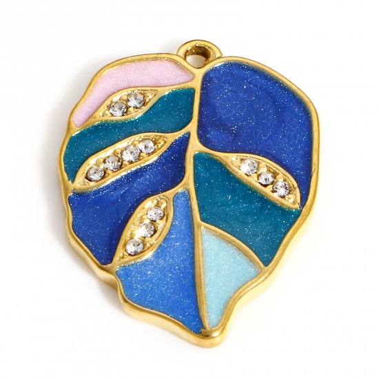 Picture of 304 Stainless Steel Pastoral Style Charms Gold Plated Blue Leaf Enamel Clear Rhinestone 21.5mm x 16mm, 1 Piece