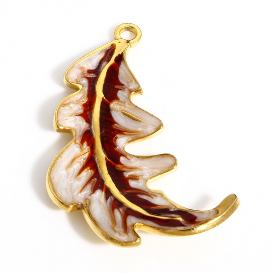 Picture of 304 Stainless Steel Pastoral Style Pendants Gold Plated Wine Red Leaf Enamel 37.5mm x 20mm, 1 Piece