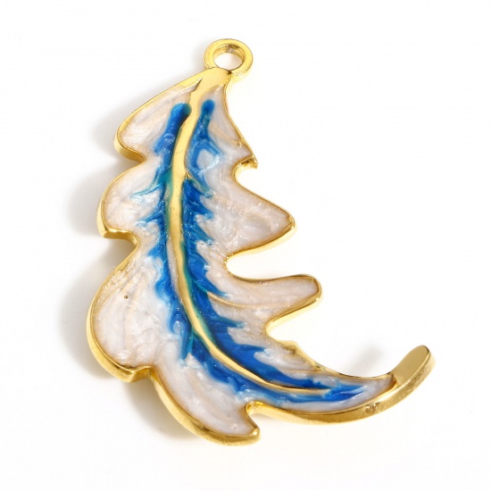 Picture of 304 Stainless Steel Pastoral Style Pendants Gold Plated Blue Leaf Enamel 37.5mm x 20mm, 1 Piece