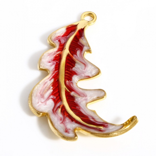Picture of 304 Stainless Steel Pastoral Style Pendants Gold Plated Red Leaf Enamel 37.5mm x 20mm, 1 Piece