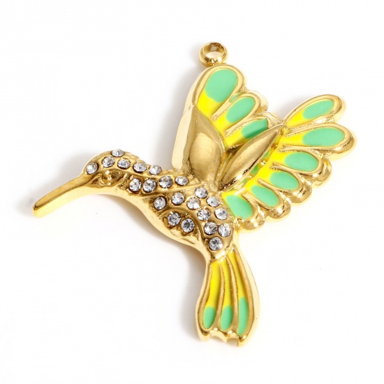 Picture of 304 Stainless Steel Stylish Charms Gold Plated Green Hummingbird Enamel Clear Rhinestone 29mm x 25mm, 1 Piece