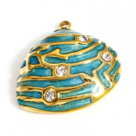Picture of 304 Stainless Steel Ocean Jewelry Charms Gold Plated Green Shell Enamel Clear Rhinestone 20mm x 19mm, 1 Piece