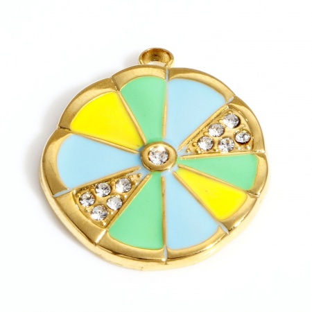 Picture of 304 Stainless Steel Stylish Disc Charms Gold Plated Multicolor Petaline Enamel Clear Rhinestone 23mm x 20mm, 1 Piece