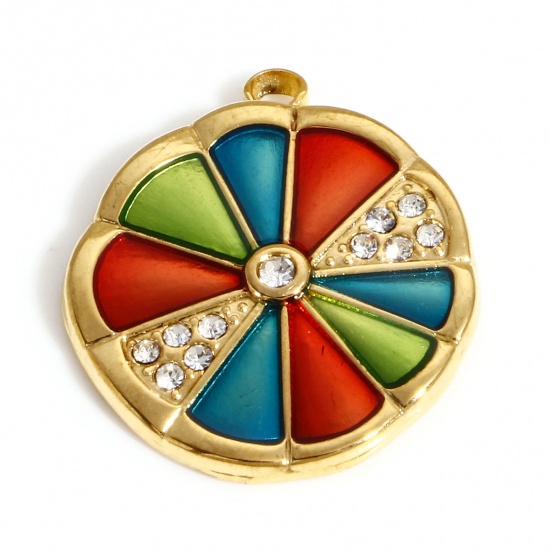 Picture of 304 Stainless Steel Stylish Charms Gold Plated Multicolor Petaline Enamel Clear Rhinestone 23mm x 20mm, 1 Piece