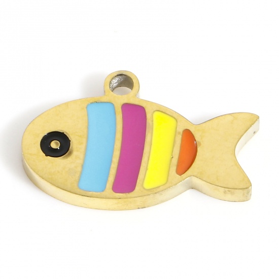Picture of 316 Stainless Steel Ocean Jewelry Charms Gold Plated Fish Animal Enamel 13mm x 8mm, 2 PCs