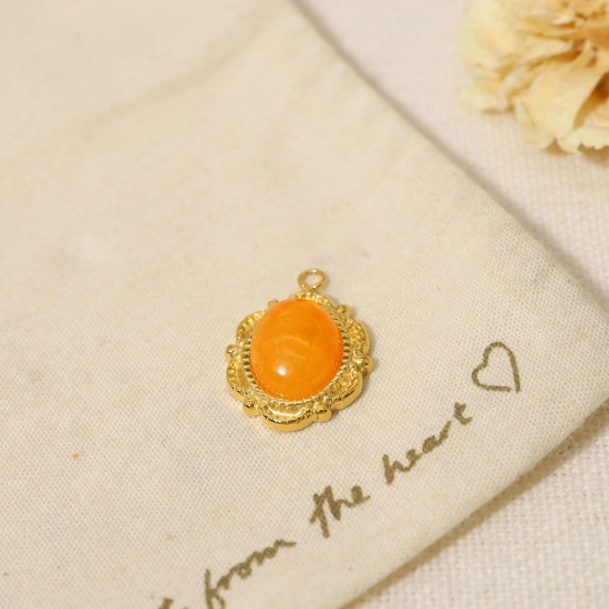 Picture of 1 Piece Vacuum Plating 304 Stainless Steel & Stone Boho Chic Bohemia Charms 18K Real Gold Plated Orange Oval Imitation Gemstones 1.8cm x 1.2cm