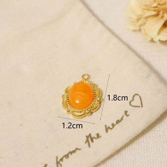 Picture of 1 Piece Eco-friendly PVD Vacuum Plating 304 Stainless Steel & Stone Boho Chic Bohemia Charms 18K Real Gold Plated Orange Oval Imitation Gemstones 1.8cm x 1.2cm