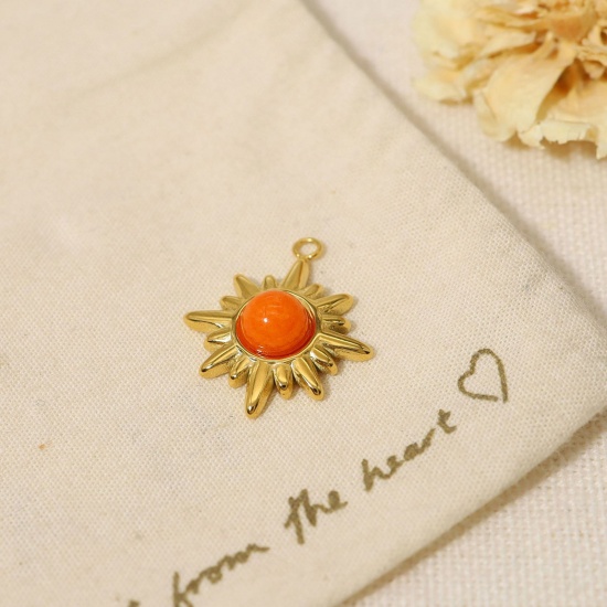 Picture of 1 Piece Vacuum Plating 304 Stainless Steel & Stone Boho Chic Bohemia Charms 18K Real Gold Plated Orange Round Sun Imitation Gemstones 2cm x 1.8cm