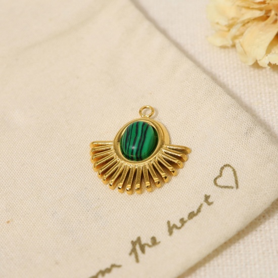 Picture of 1 Piece Vacuum Plating 304 Stainless Steel & Stone Boho Chic Bohemia Charms 18K Real Gold Plated Peacock Green Fan-shaped Oval 2cm x 1.9cm