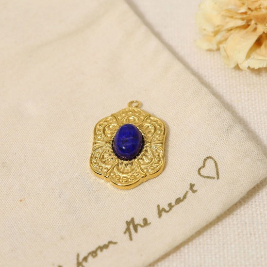 Picture of 1 Piece Vacuum Plating 304 Stainless Steel & Stone Boho Chic Bohemia Charms 18K Real Gold Plated Dark Blue Hexagon Oval Imitation Gemstones 2.3cm x 1.5cm