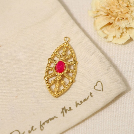 Picture of 1 Piece Vacuum Plating 304 Stainless Steel & Stone Boho Chic Bohemia Charms 18K Real Gold Plated Red Leaf Oval Imitation Gemstones 2.7cm x 1.8cm