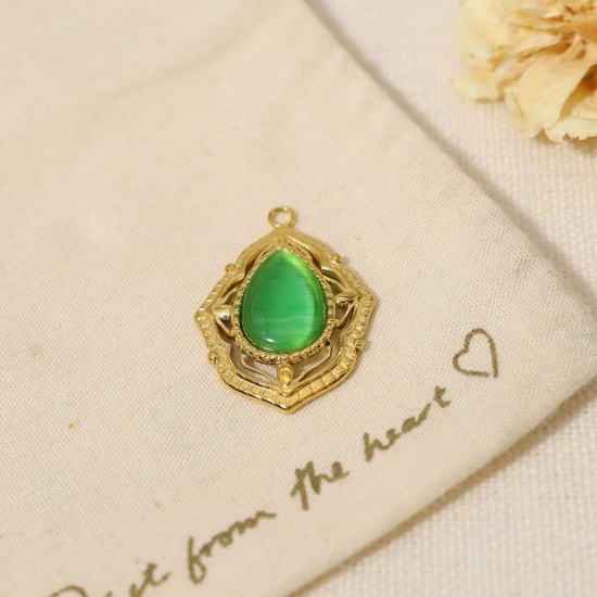 Picture of 1 Piece Vacuum Plating 304 Stainless Steel & Stone Boho Chic Bohemia Charms 18K Real Gold Plated Green Drop Imitation Gemstones 2.5cm x 1.7cm