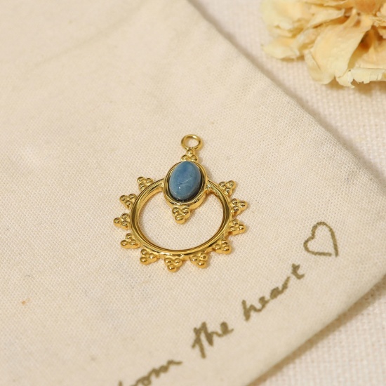 Picture of 1 Piece Vacuum Plating 304 Stainless Steel & Stone Boho Chic Bohemia Charms 18K Real Gold Plated Blue Oval Sun Imitation Gemstones 2.3cm x 1.8cm