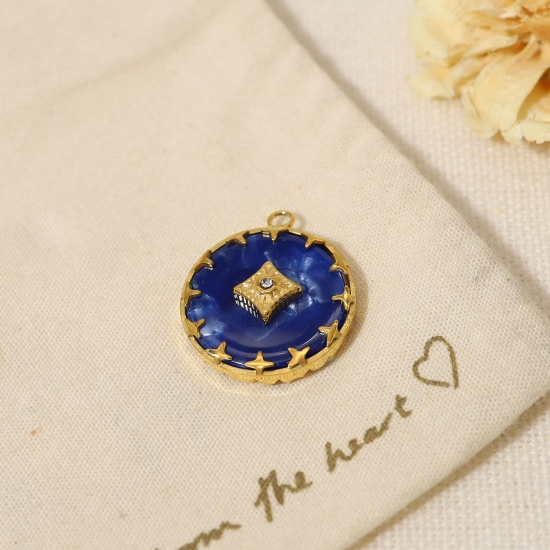 Picture of 1 Piece Vacuum Plating 304 Stainless Steel & Rhinestone Boho Chic Bohemia Charms 18K Real Gold Plated Royal Blue Round Rhombus 2cm x 1.7cm