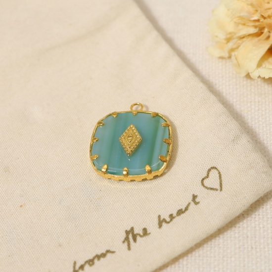 Picture of 1 Piece Vacuum Plating 304 Stainless Steel & Acrylic Boho Chic Bohemia Charms 18K Real Gold Plated Light Blue Square Rhombus 2cm x 1.8cm