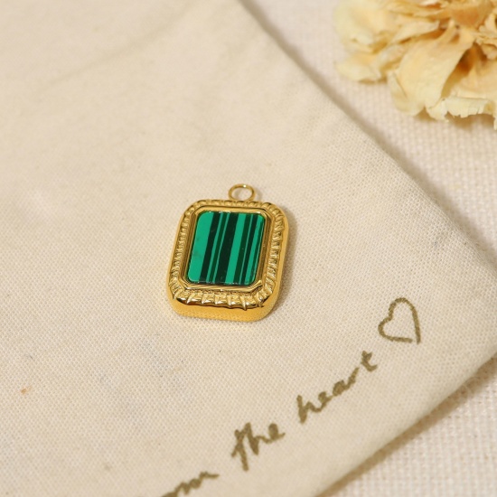 Picture of 1 Piece Vacuum Plating 304 Stainless Steel & Stone Boho Chic Bohemia Charms 18K Real Gold Plated Peacock Green Square 17mm x 12mm
