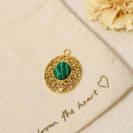 Picture of 1 Piece Vacuum Plating 304 Stainless Steel & Stone Boho Chic Bohemia Charms 18K Real Gold Plated Peacock Green Oval 2.2cm x 1.5cm
