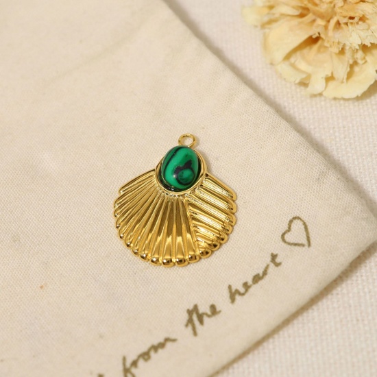 Picture of 1 Piece Vacuum Plating 304 Stainless Steel & Stone Boho Chic Bohemia Charms 18K Real Gold Plated Peacock Green Fan-shaped Oval 2.5cm x 1.9cm