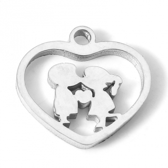 Imagen de 304 Acero Inoxidable Colgantes Charms Corazón Tono de Plata Novios Hueco 13mm x 13mm, 5 Unidades