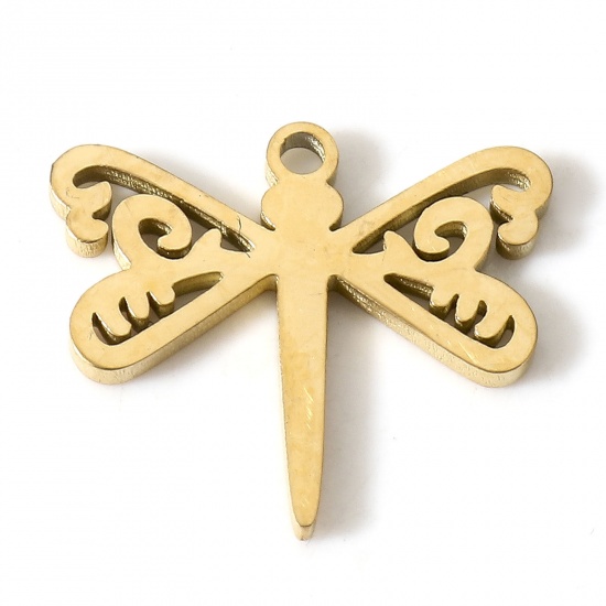 Bild von 5 Stück Umweltfreundliche PVD-Vakuumbeschichtung 304 Edelstahl Insekt Charms Vergoldet Libellen 17mm x 14mm