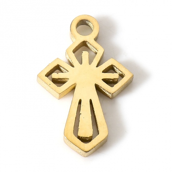 Picture of 5 PCs Vacuum Plating 304 Stainless Steel Religious Charms Gold Plated Cross 13mm x 8mm