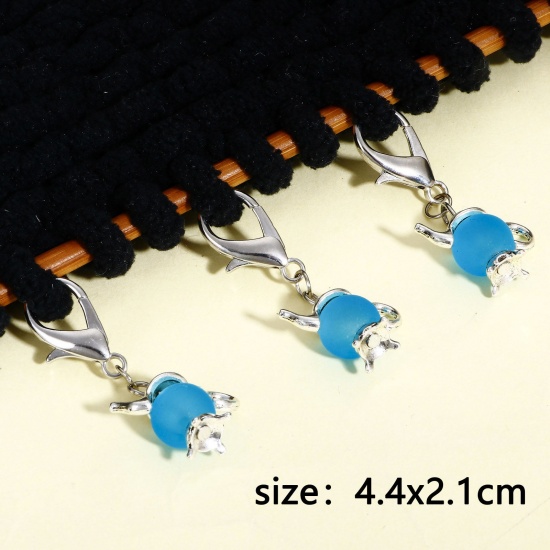 Picture of 1 Set ( 10 PCs/Set) Zinc Based Alloy & Glass Clip On Charms For Vintage Charm Bracelets Knitting Stitch Markers Teapot Silver Tone Blue 3D 4.4cm x 2.1cm