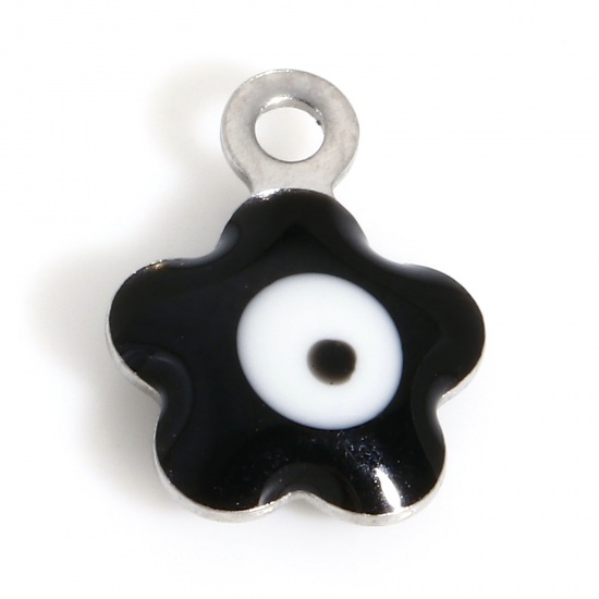 Picture of 304 Stainless Steel Religious Charms Silver Tone Black Flower Leaves Evil Eye Double-sided Enamel 8.5mm x 6.5mm, 10 PCs