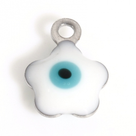 Picture of 304 Stainless Steel Religious Charms Silver Tone White Flower Leaves Evil Eye Double-sided Enamel 8.5mm x 6.5mm, 10 PCs