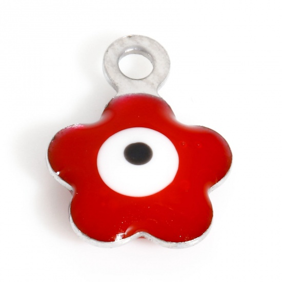 Picture of 304 Stainless Steel Religious Charms Silver Tone Red Flower Leaves Evil Eye Double-sided Enamel 8.5mm x 6.5mm, 10 PCs