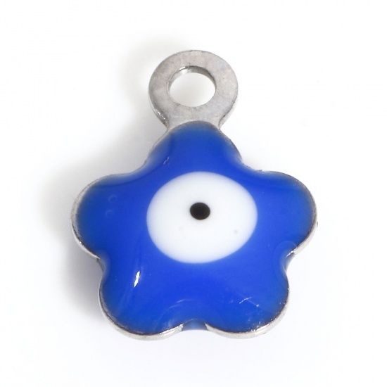 Picture of 304 Stainless Steel Religious Charms Silver Tone Blue Flower Leaves Evil Eye Double-sided Enamel 8.5mm x 6.5mm, 10 PCs