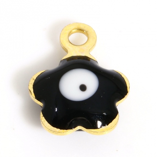 Picture of 304 Stainless Steel Religious Charms Gold Plated Black Flower Leaves Evil Eye Double-sided Enamel 8.5mm x 6.5mm, 10 PCs