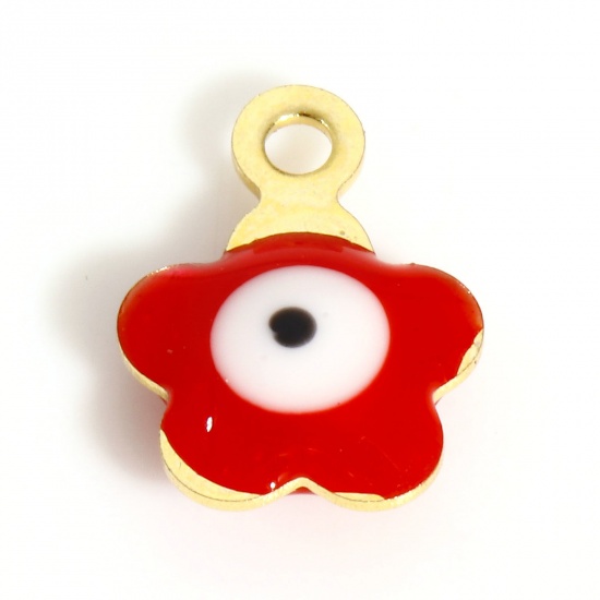 Picture of 304 Stainless Steel Religious Charms Gold Plated Red Flower Leaves Evil Eye Double-sided Enamel 8.5mm x 6.5mm, 10 PCs