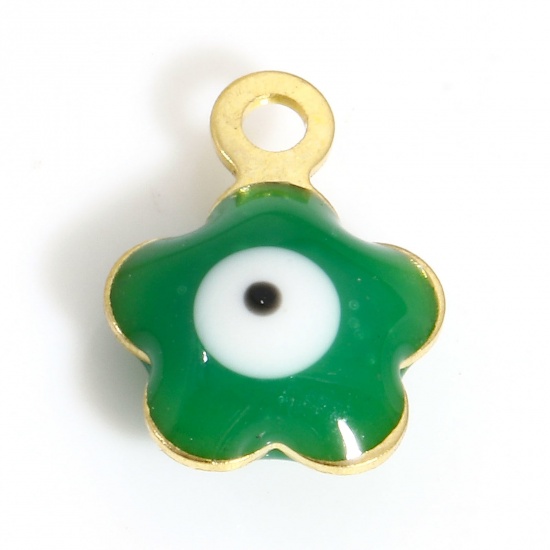 Picture of 304 Stainless Steel Religious Charms Gold Plated Green Flower Leaves Evil Eye Double-sided Enamel 8.5mm x 6.5mm, 10 PCs