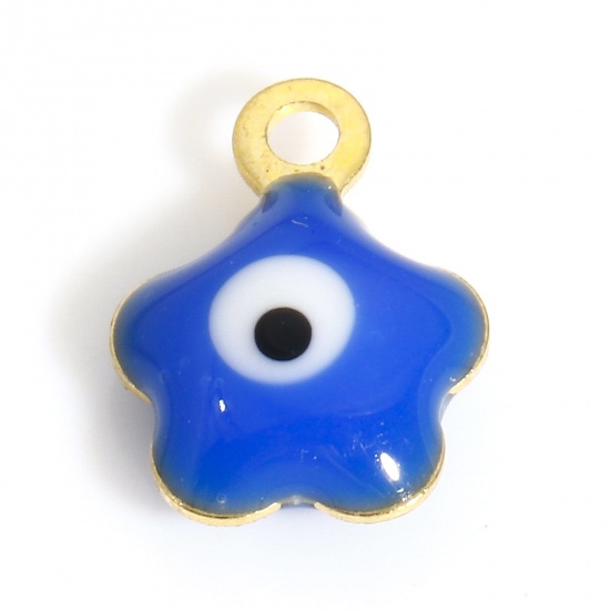 Picture of 304 Stainless Steel Religious Charms Gold Plated Blue Flower Leaves Evil Eye Double-sided Enamel 8.5mm x 6.5mm, 10 PCs