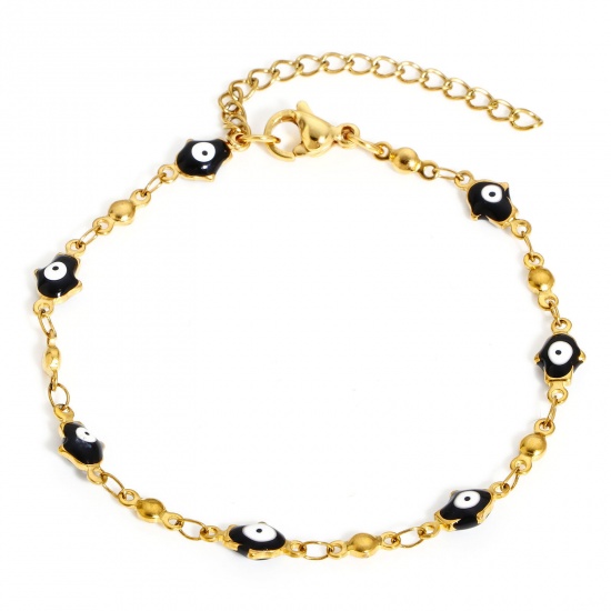 Picture of 304 Stainless Steel Religious Bracelets Gold Plated Black Hamsa Symbol Hand Evil Eye Double-sided Enamel 18cm(7 1/8") long, 1 Piece