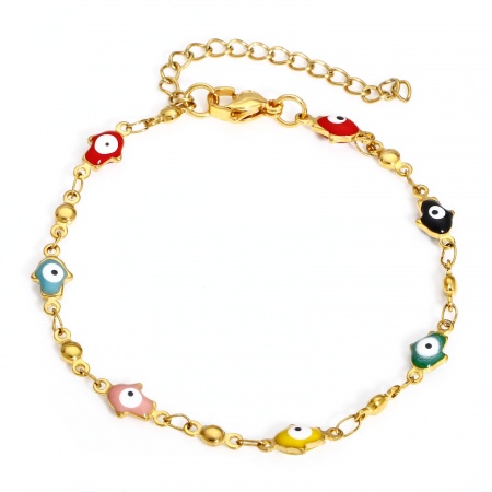 Picture of Wholesale Hamsa Symbol Hand Evil Eye Multicolor Double-sided Enamel 304 Stainless Steel Handmade Link Chain Bracelets, Gold Plated Women's Religious Stylish Gift Jewelry Supply, 18cm(7.1") long, 1 Piece
