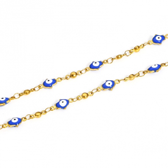 Picture of 1 Piece 304 Stainless Steel Religious Handmade Link Chain Necklace For DIY Jewelry Making Hamsa Symbol Hand Evil Eye Gold Plated Blue Enamel 45cm(17 6/8") - 44cm(17 3/8") long, Chain Size: 6mm