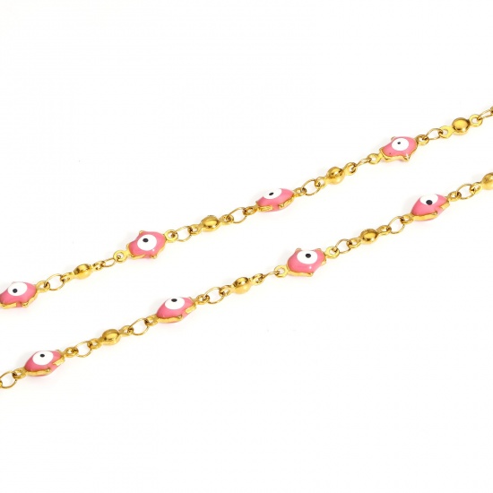 Picture of 1 Piece 304 Stainless Steel Religious Handmade Link Chain Necklace For DIY Jewelry Making Hamsa Symbol Hand Evil Eye Gold Plated Pink Enamel 45cm(17 6/8") - 44cm(17 3/8") long, Chain Size: 6mm